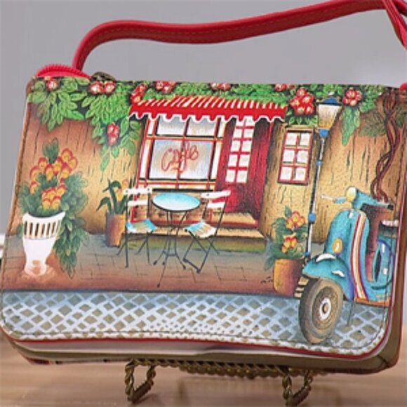 Anuschka Hand Painted Leather Crossbody Travel Organizer Bag-FRANCE Le Cafe - Picture 1 of 15